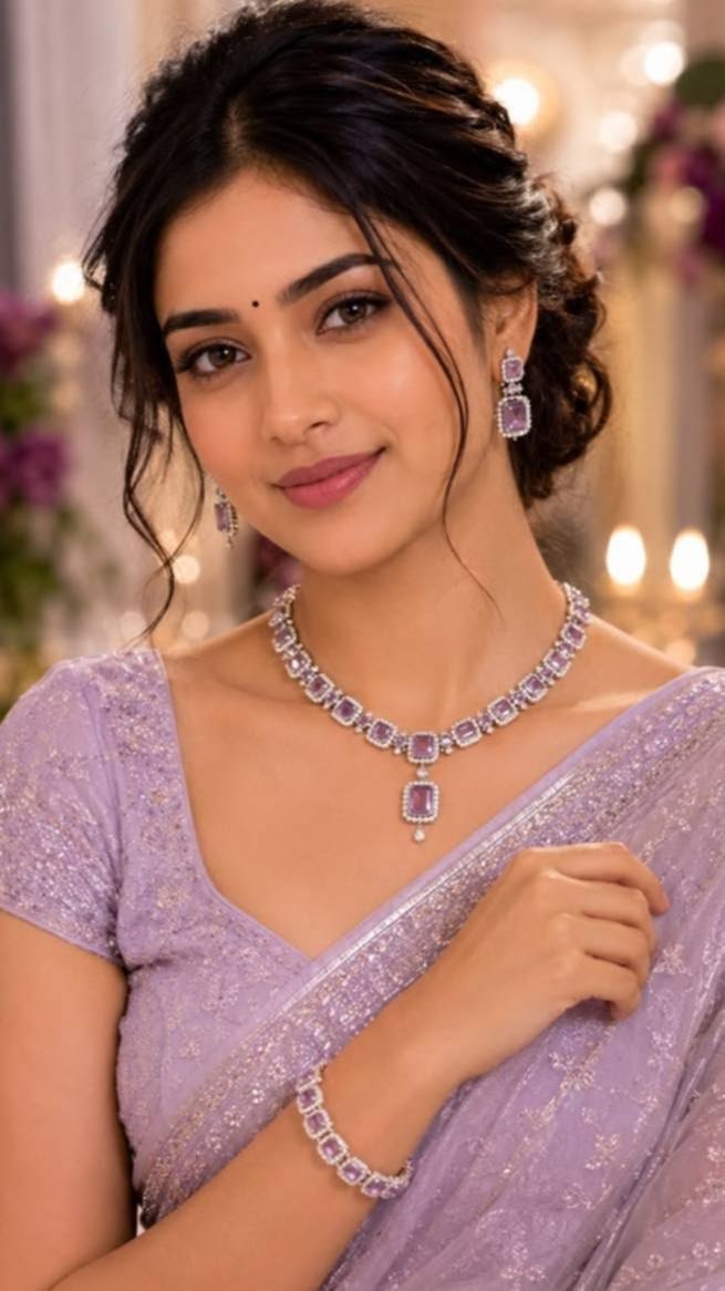 Gemstone necklace, earrings and bracelet, styled